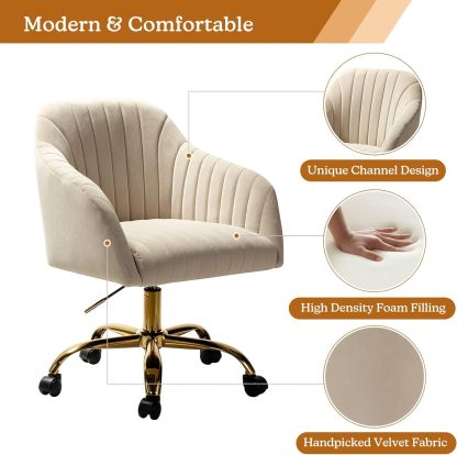 Velvet Home Office Desk Chair, Modern Cute Computer Task Chair, Wheels Swivel Height Adjustable Upholstered Vanity Chair for Women, Girls (Gold Base, Yellow)