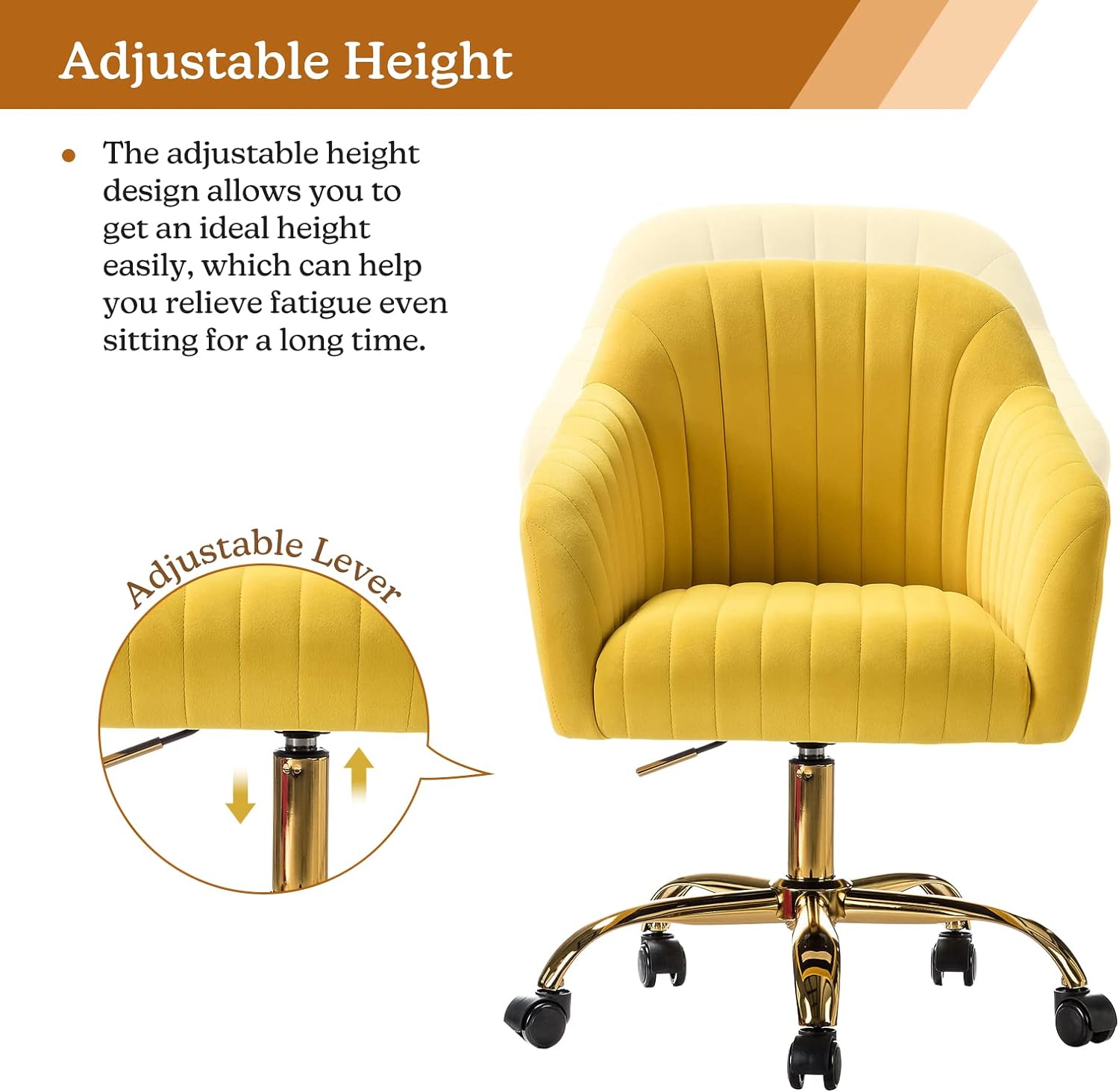 Velvet Home Office Desk Chair, Modern Cute Computer Task Chair, Wheels Swivel Height Adjustable Upholstered Vanity Chair for Women, Girls (Gold Base, Yellow)