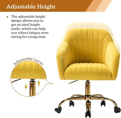 Velvet Home Office Desk Chair, Modern Cute Computer Task Chair, Wheels Swivel Height Adjustable Upholstered Vanity Chair for Women, Girls (Gold Base, Yellow)