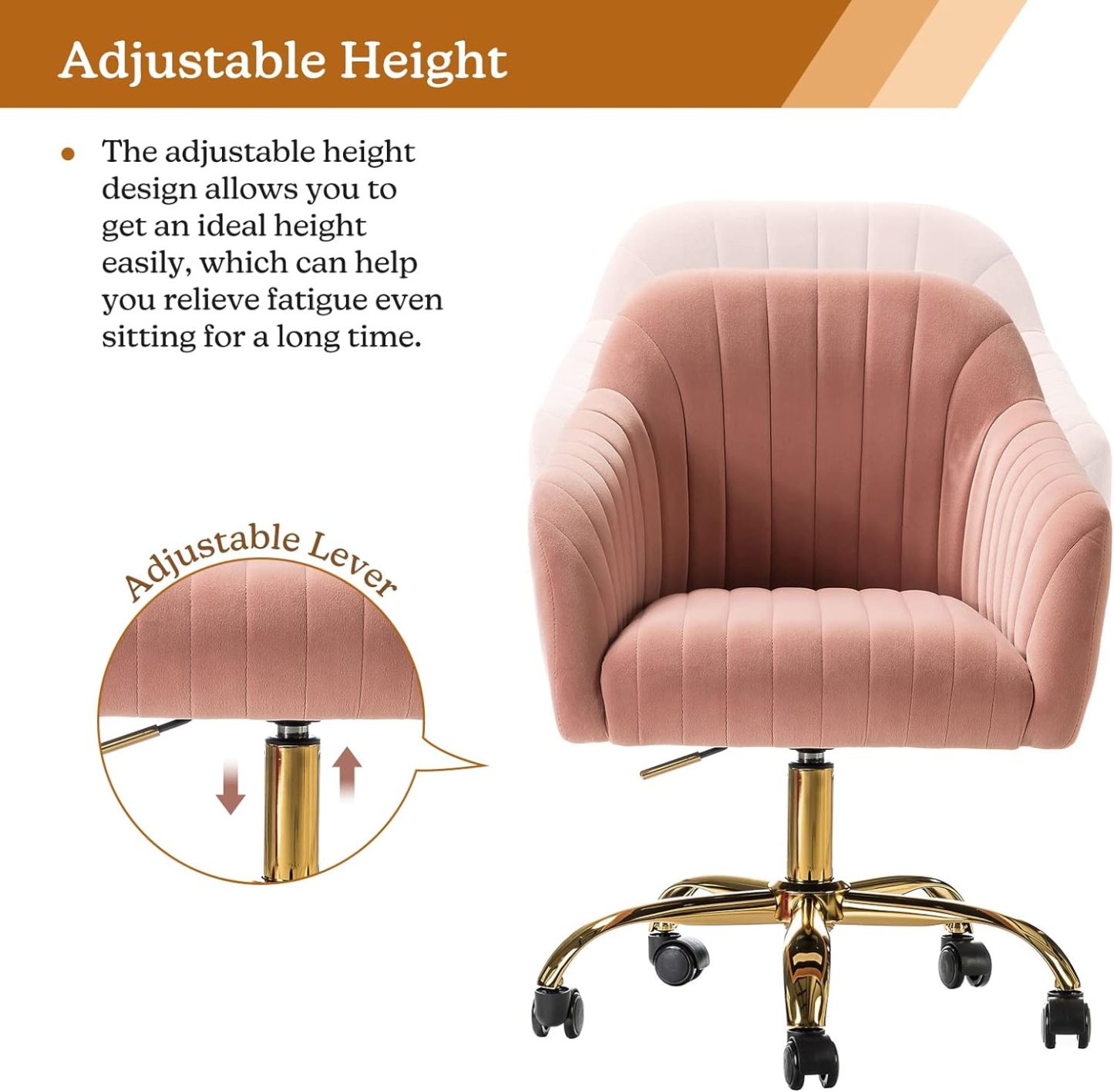 Velvet Home Office Desk Chair, Modern Cute Computer Task Chair, Wheels Swivel Height Adjustable Upholstered Vanity Chair for Women, Girls (Gold Base, Yellow)