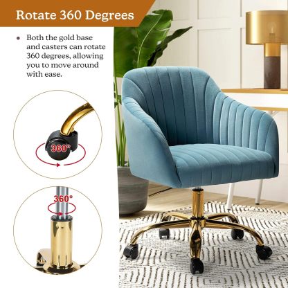Velvet Home Office Desk Chair, Modern Cute Computer Task Chair, Wheels Swivel Height Adjustable Upholstered Vanity Chair for Women, Girls (Gold Base, Yellow)