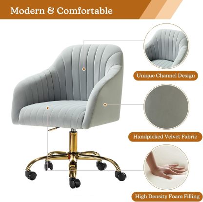 Velvet Home Office Desk Chair, Modern Cute Computer Task Chair, Wheels Swivel Height Adjustable Upholstered Vanity Chair for Women, Girls (Gold Base, Yellow)