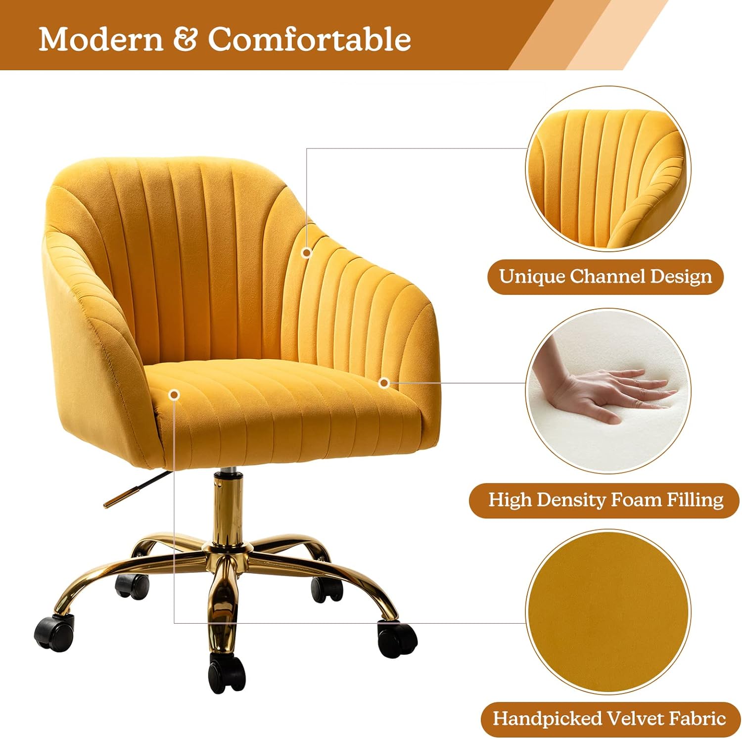 Velvet Home Office Desk Chair, Modern Cute Computer Task Chair, Wheels Swivel Height Adjustable Upholstered Vanity Chair for Women, Girls (Gold Base, Yellow)