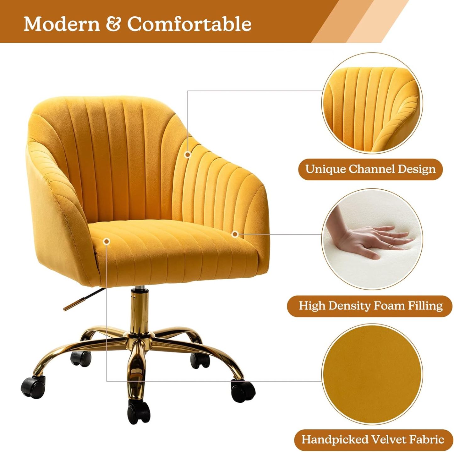 Velvet Home Office Desk Chair, Modern Cute Computer Task Chair, Wheels Swivel Height Adjustable Upholstered Vanity Chair for Women, Girls (Gold Base, Yellow)