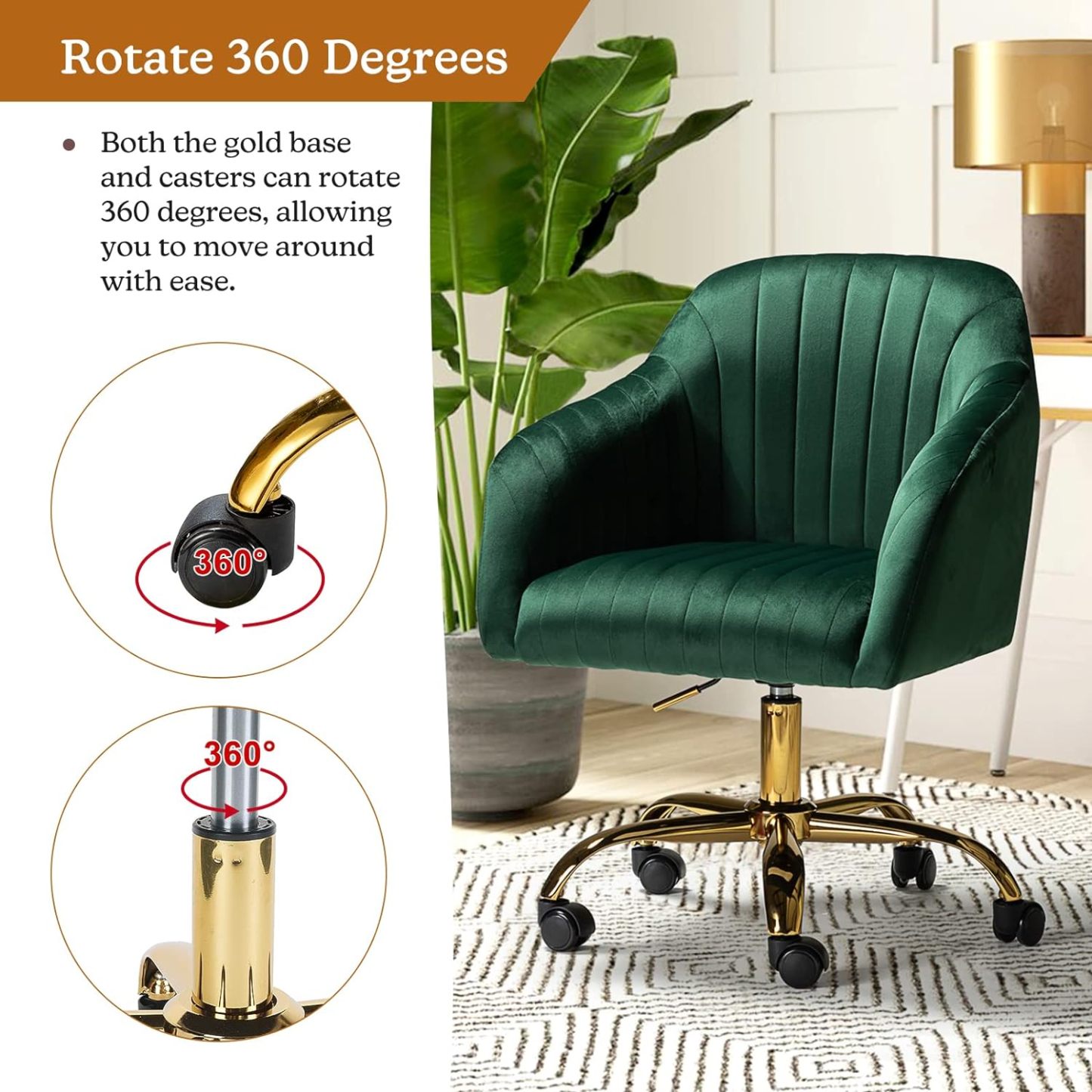 Velvet Home Office Desk Chair, Modern Cute Computer Task Chair, Wheels Swivel Height Adjustable Upholstered Vanity Chair for Women, Girls (Gold Base, Yellow)