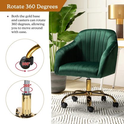 Velvet Home Office Desk Chair, Modern Cute Computer Task Chair, Wheels Swivel Height Adjustable Upholstered Vanity Chair for Women, Girls (Gold Base, Yellow)