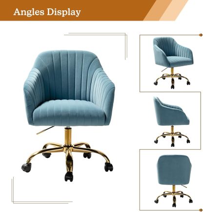 Velvet Home Office Desk Chair, Modern Cute Computer Task Chair, Wheels Swivel Height Adjustable Upholstered Vanity Chair for Women, Girls (Gold Base, Yellow)