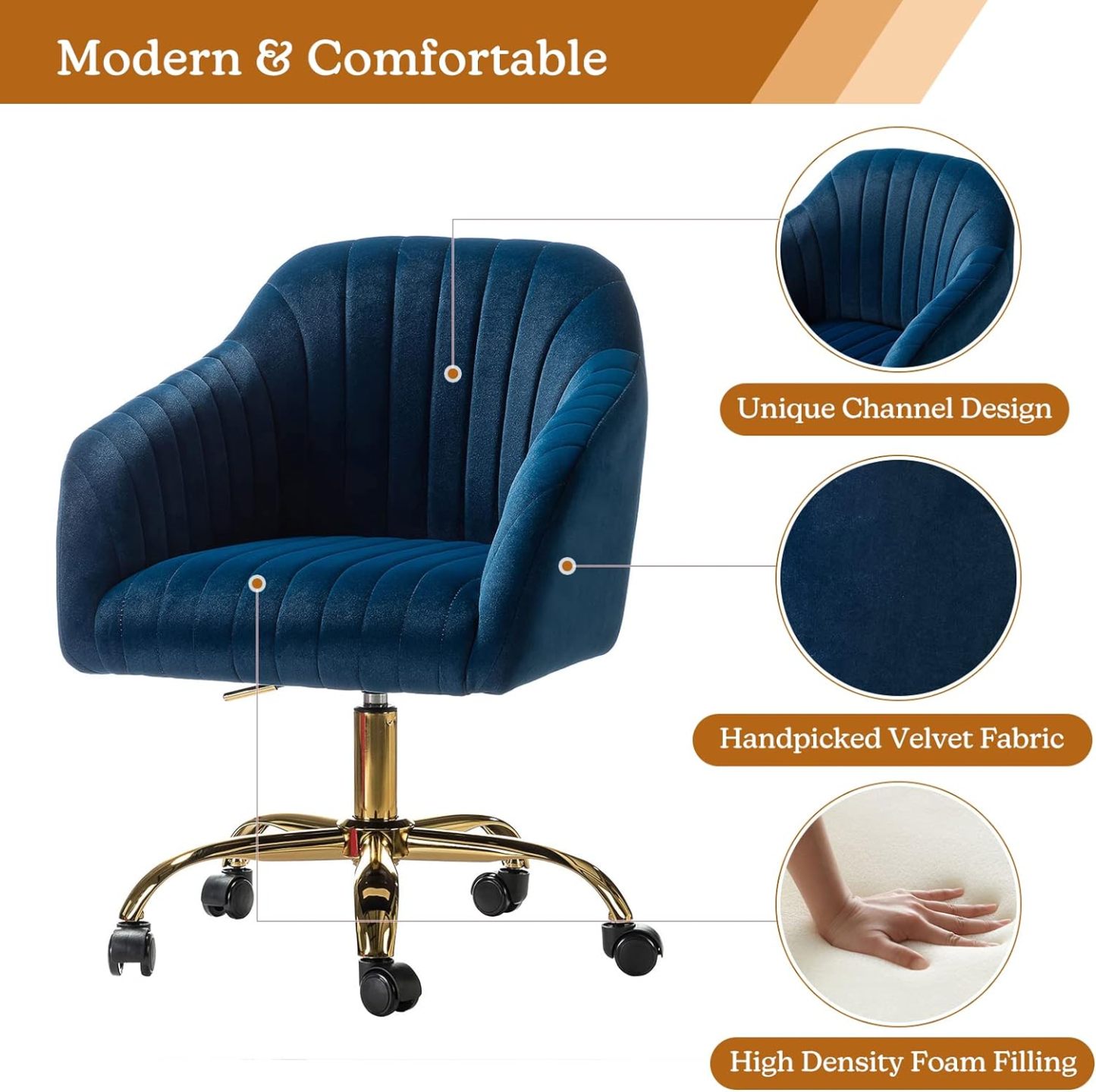 Velvet Home Office Desk Chair, Modern Cute Computer Task Chair, Wheels Swivel Height Adjustable Upholstered Vanity Chair for Women, Girls (Gold Base, Yellow)