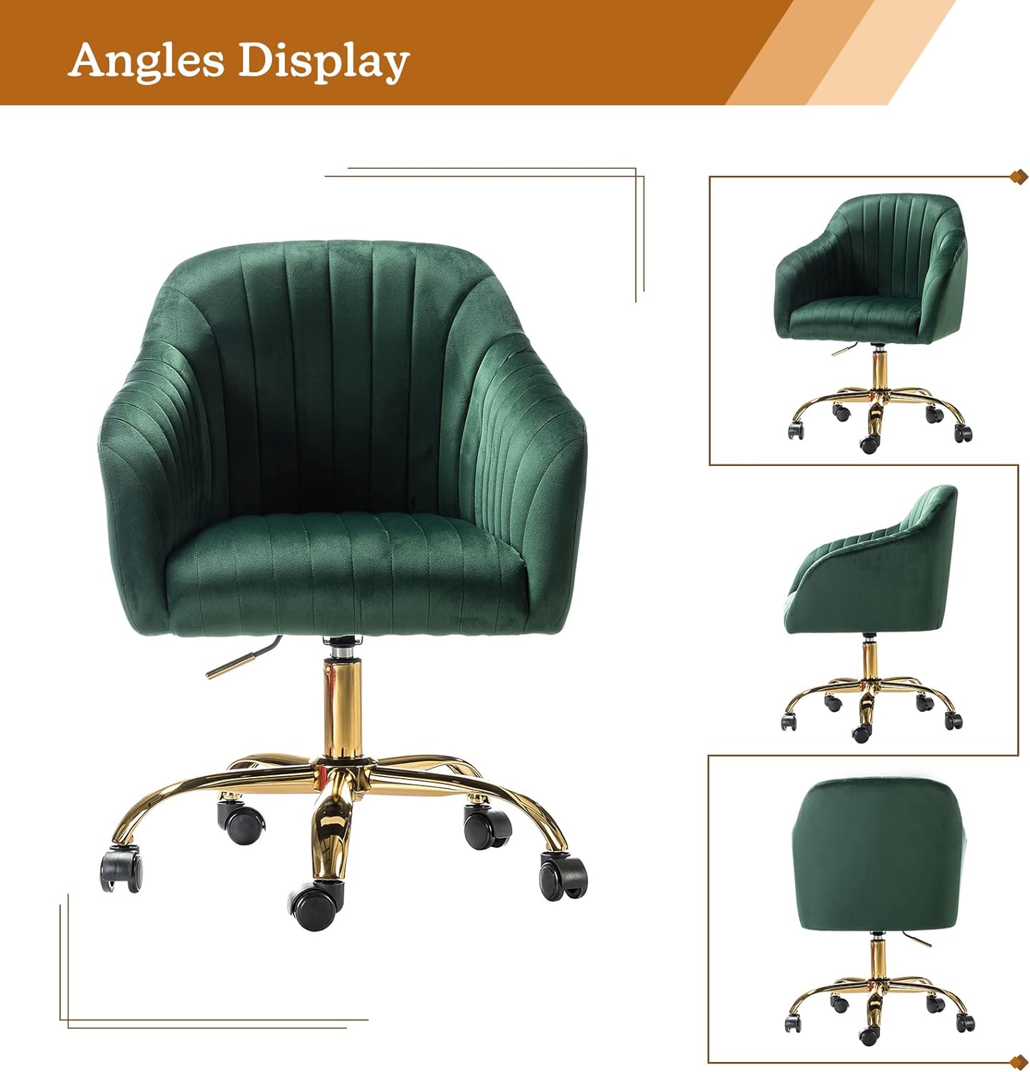 Velvet Home Office Desk Chair, Modern Cute Computer Task Chair, Wheels Swivel Height Adjustable Upholstered Vanity Chair for Women, Girls (Gold Base, Yellow)