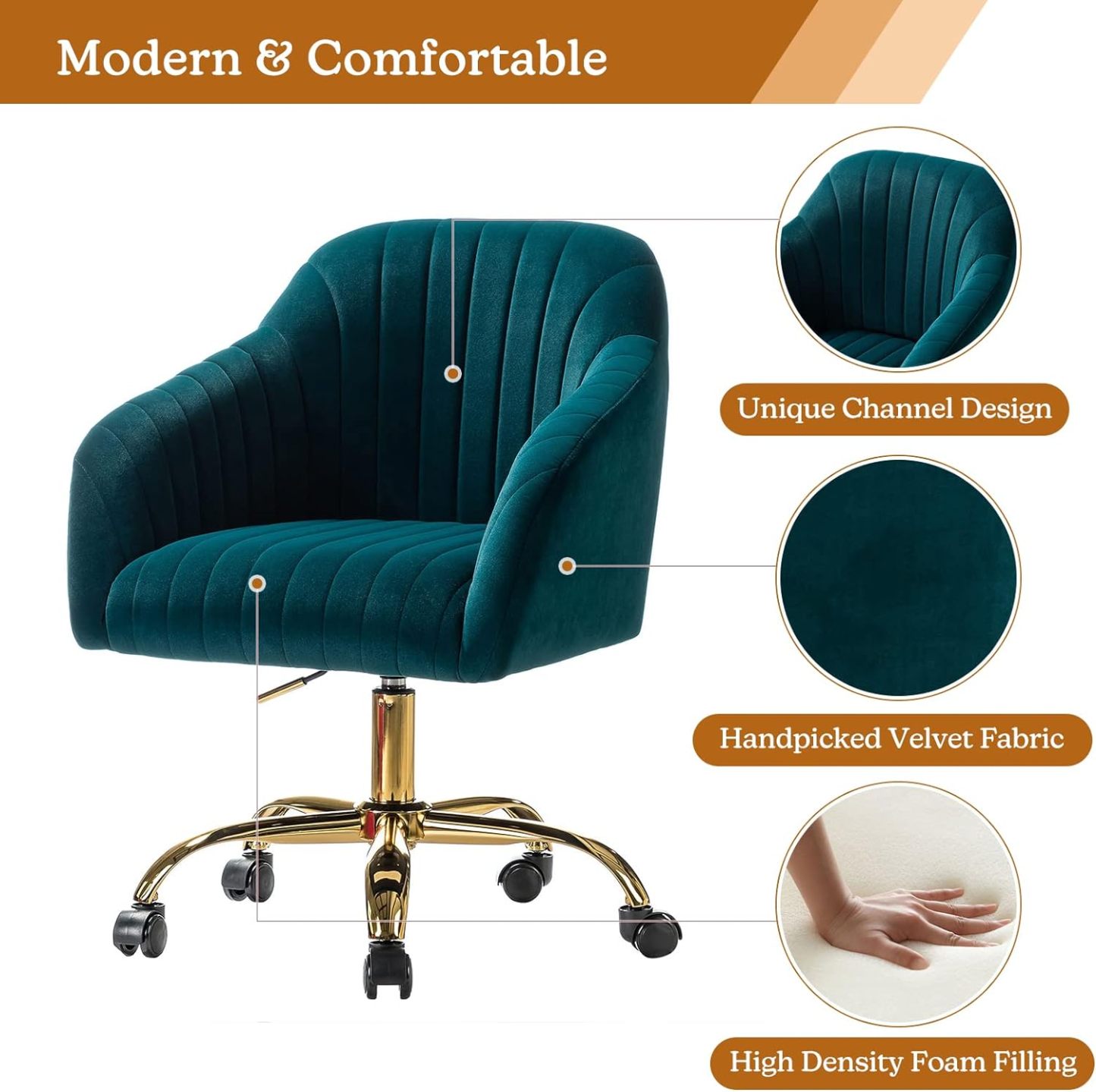 Velvet Home Office Desk Chair, Modern Cute Computer Task Chair, Wheels Swivel Height Adjustable Upholstered Vanity Chair for Women, Girls (Gold Base, Yellow)