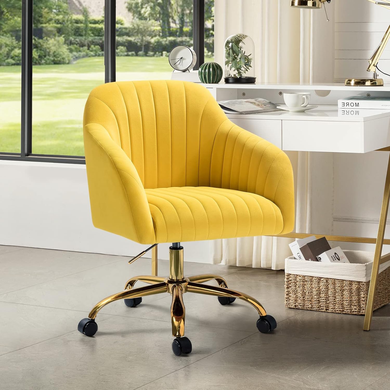 Velvet Home Office Desk Chair, Modern Cute Computer Task Chair, Wheels Swivel Height Adjustable Upholstered Vanity Chair for Women, Girls (Gold Base, Yellow)