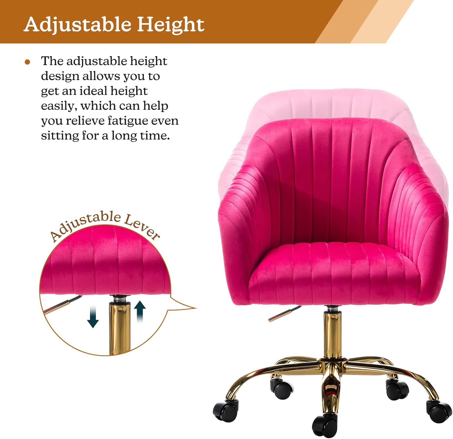 Velvet Home Office Desk Chair, Modern Cute Computer Task Chair, Wheels Swivel Height Adjustable Upholstered Vanity Chair for Women, Girls (Gold Base, Yellow)