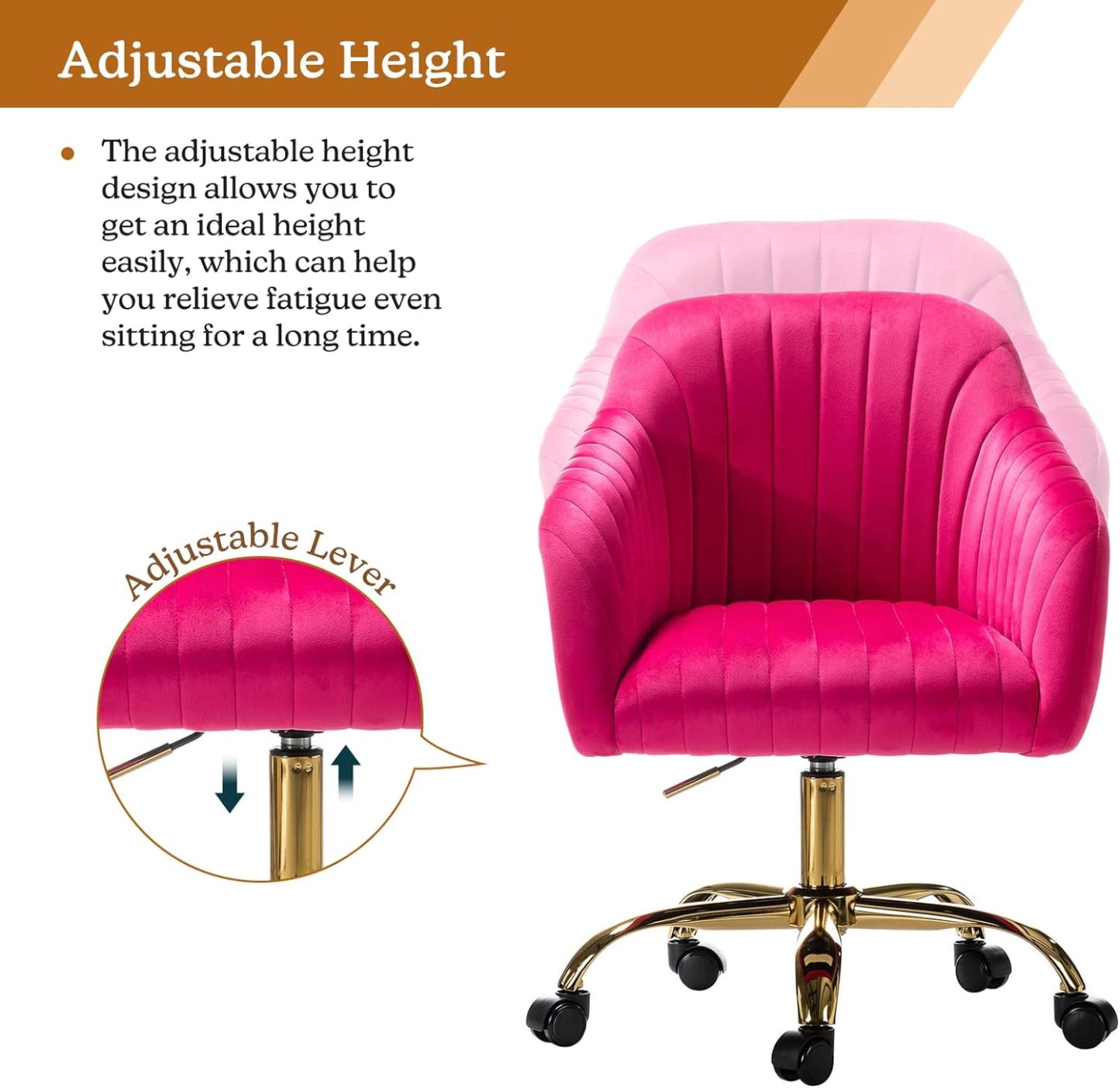 Velvet Home Office Desk Chair, Modern Cute Computer Task Chair, Wheels Swivel Height Adjustable Upholstered Vanity Chair for Women, Girls (Gold Base, Yellow)