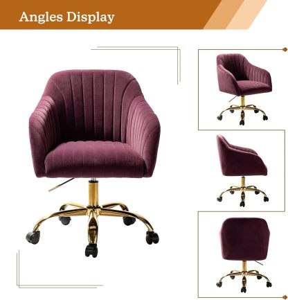 Velvet Home Office Desk Chair, Modern Cute Computer Task Chair, Wheels Swivel Height Adjustable Upholstered Vanity Chair for Women, Girls (Gold Base, Yellow)