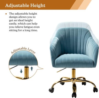 Velvet Home Office Desk Chair, Modern Cute Computer Task Chair, Wheels Swivel Height Adjustable Upholstered Vanity Chair for Women, Girls (Gold Base, Yellow)