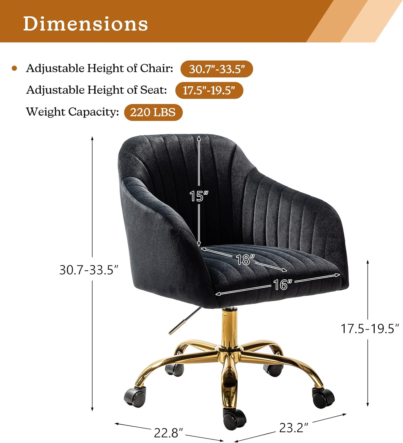 Velvet Home Office Desk Chair, Modern Cute Computer Task Chair, Wheels Swivel Height Adjustable Upholstered Vanity Chair for Women, Girls (Gold Base, Yellow)