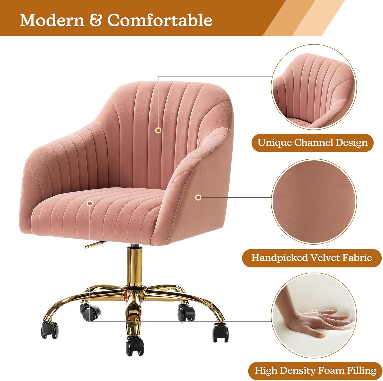 Velvet Home Office Desk Chair, Modern Cute Computer Task Chair, Wheels Swivel Height Adjustable Upholstered Vanity Chair for Women, Girls (Gold Base, Yellow)