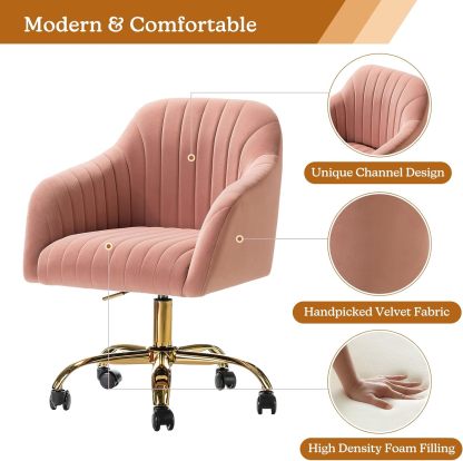 Velvet Home Office Desk Chair, Modern Cute Computer Task Chair, Wheels Swivel Height Adjustable Upholstered Vanity Chair for Women, Girls (Gold Base, Yellow)