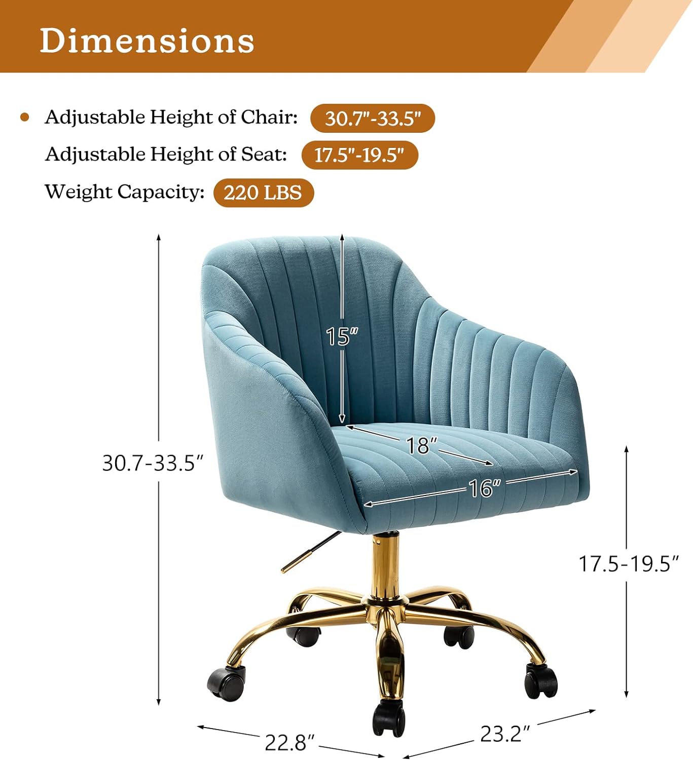 Velvet Home Office Desk Chair, Modern Cute Computer Task Chair, Wheels Swivel Height Adjustable Upholstered Vanity Chair for Women, Girls (Gold Base, Yellow)