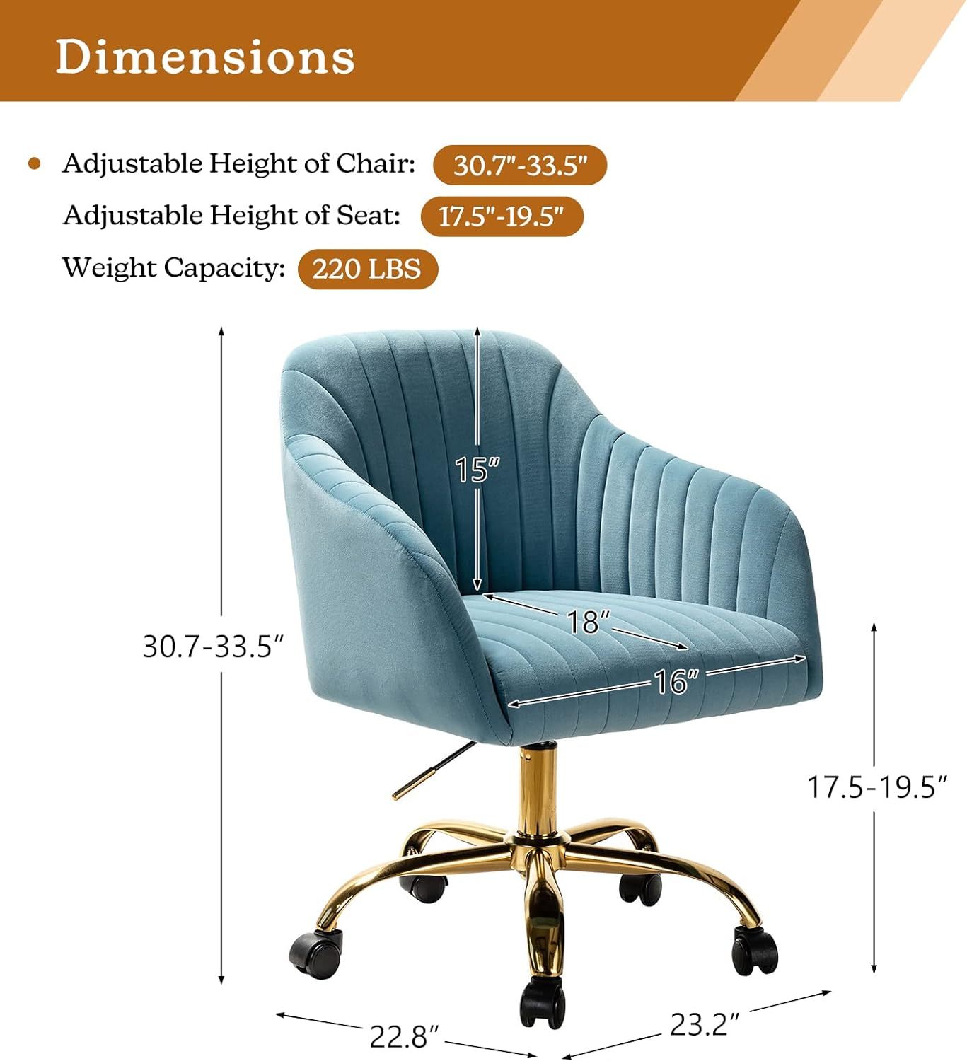 Velvet Home Office Desk Chair, Modern Cute Computer Task Chair, Wheels Swivel Height Adjustable Upholstered Vanity Chair for Women, Girls (Gold Base, Yellow)