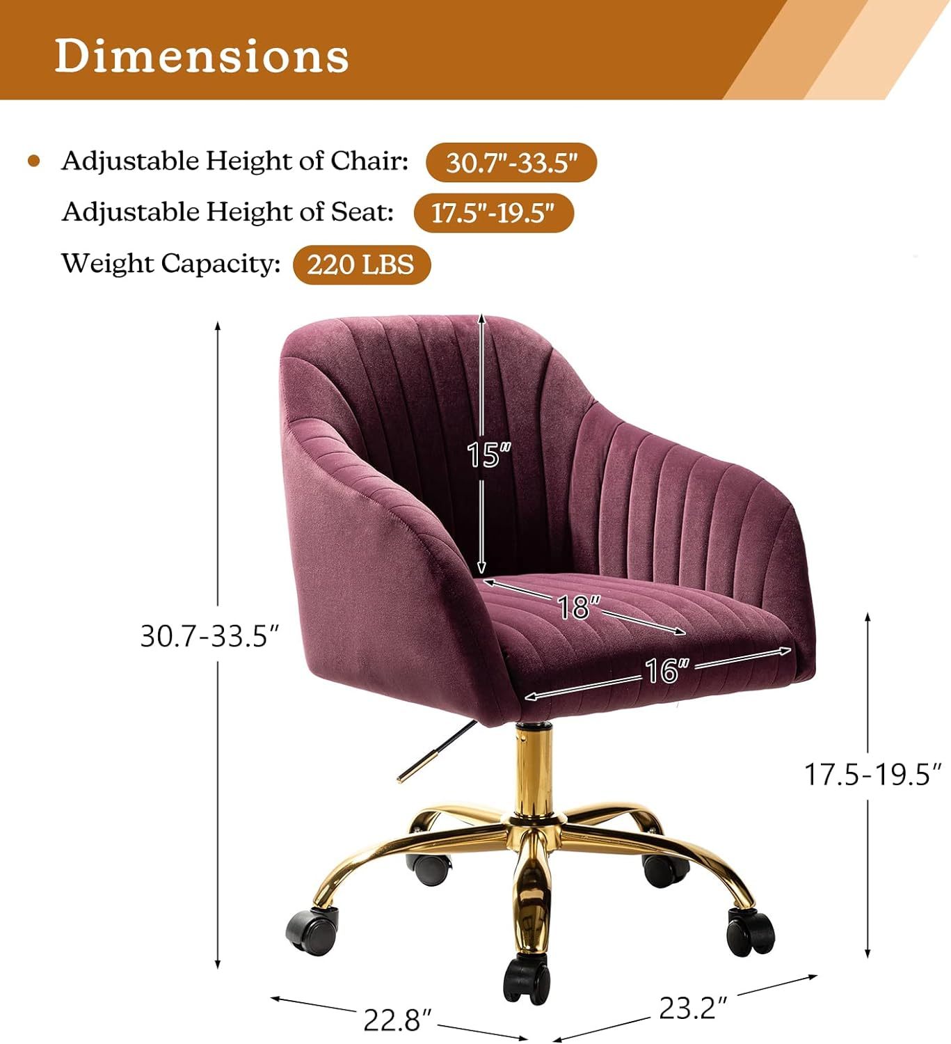 Velvet Home Office Desk Chair, Modern Cute Computer Task Chair, Wheels Swivel Height Adjustable Upholstered Vanity Chair for Women, Girls (Gold Base, Yellow)