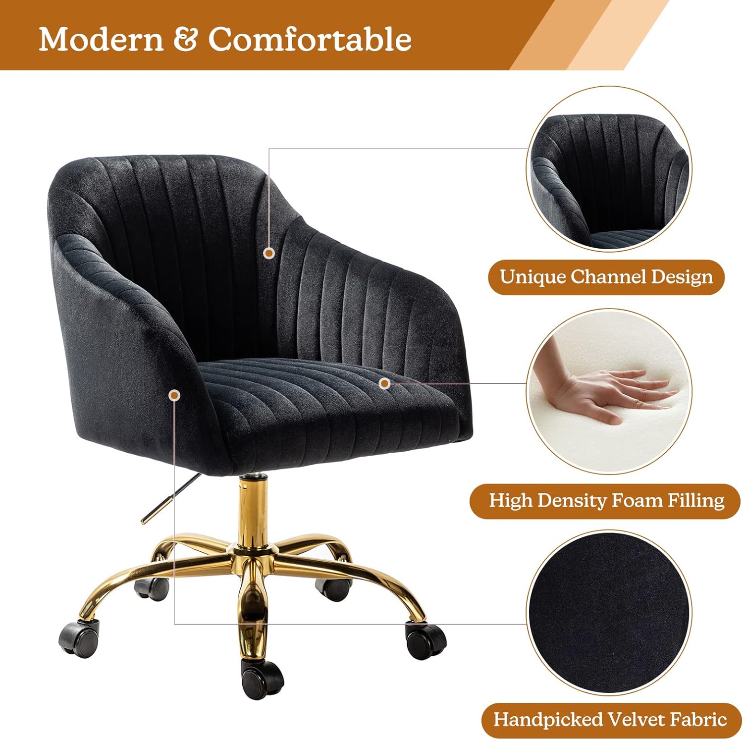 Velvet Home Office Desk Chair, Modern Cute Computer Task Chair, Wheels Swivel Height Adjustable Upholstered Vanity Chair for Women, Girls (Gold Base, Yellow)