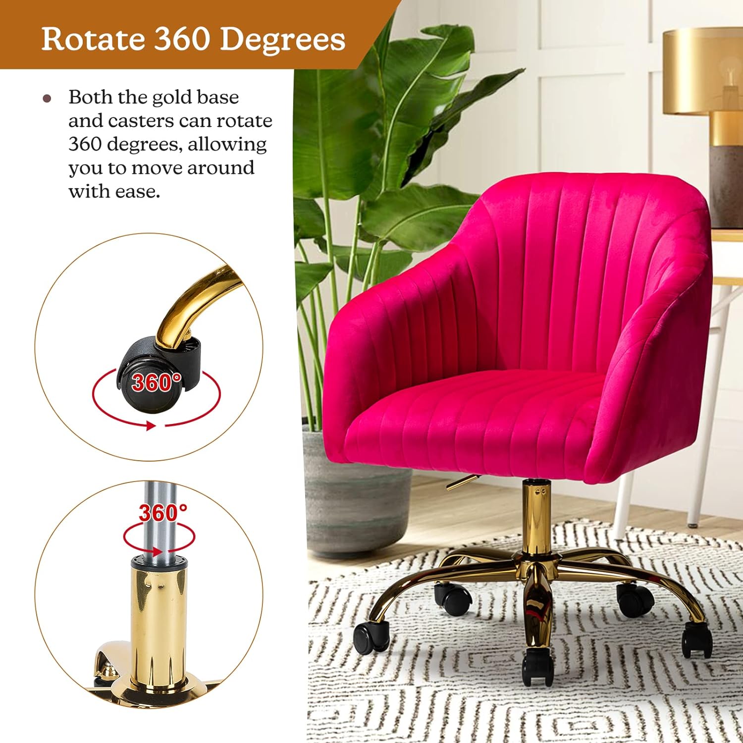 Velvet Home Office Desk Chair, Modern Cute Computer Task Chair, Wheels Swivel Height Adjustable Upholstered Vanity Chair for Women, Girls (Gold Base, Yellow)