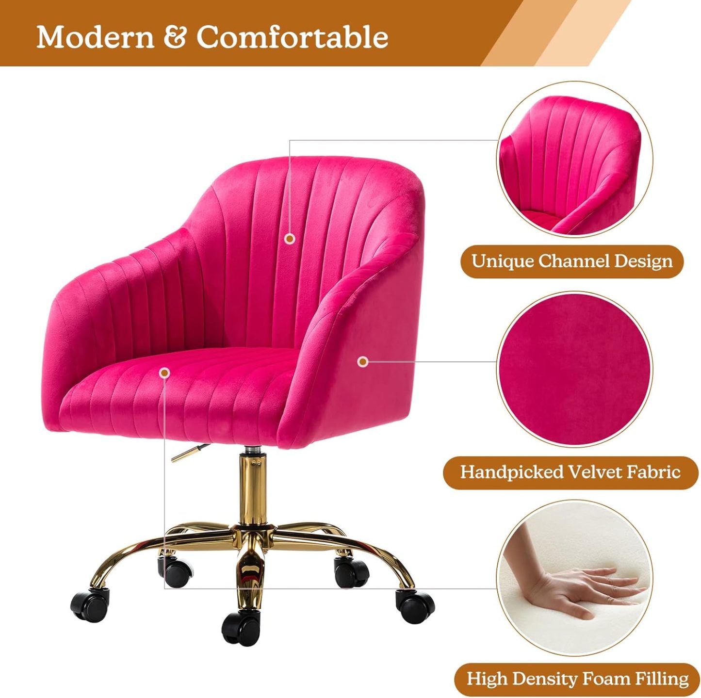 Velvet Home Office Desk Chair, Modern Cute Computer Task Chair, Wheels Swivel Height Adjustable Upholstered Vanity Chair for Women, Girls (Gold Base, Yellow)