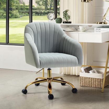 Velvet Home Office Desk Chair, Modern Cute Computer Task Chair, Wheels Swivel Height Adjustable Upholstered Vanity Chair for Women, Girls (Gold Base, Yellow)