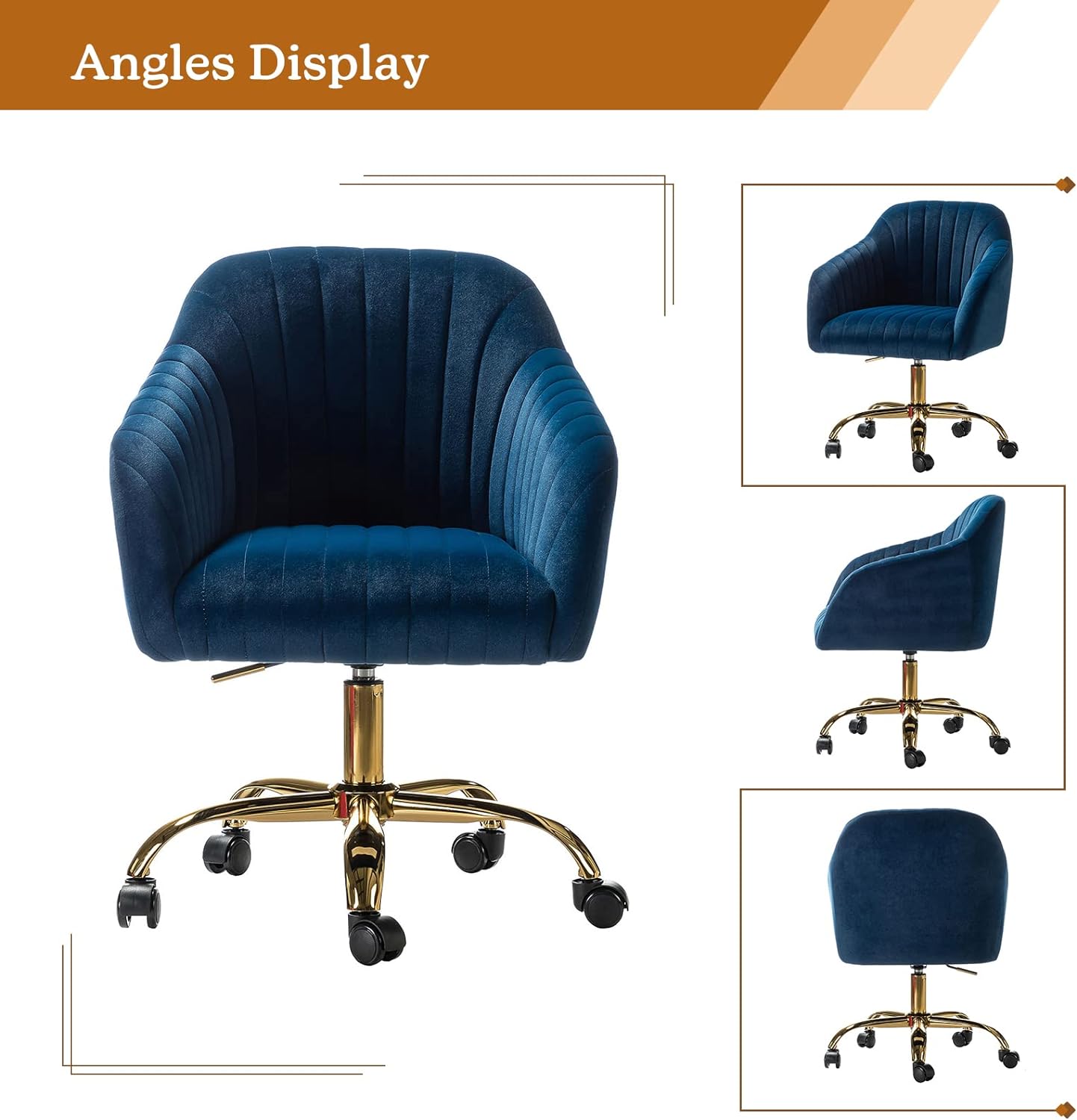 Velvet Home Office Desk Chair, Modern Cute Computer Task Chair, Wheels Swivel Height Adjustable Upholstered Vanity Chair for Women, Girls (Gold Base, Yellow)