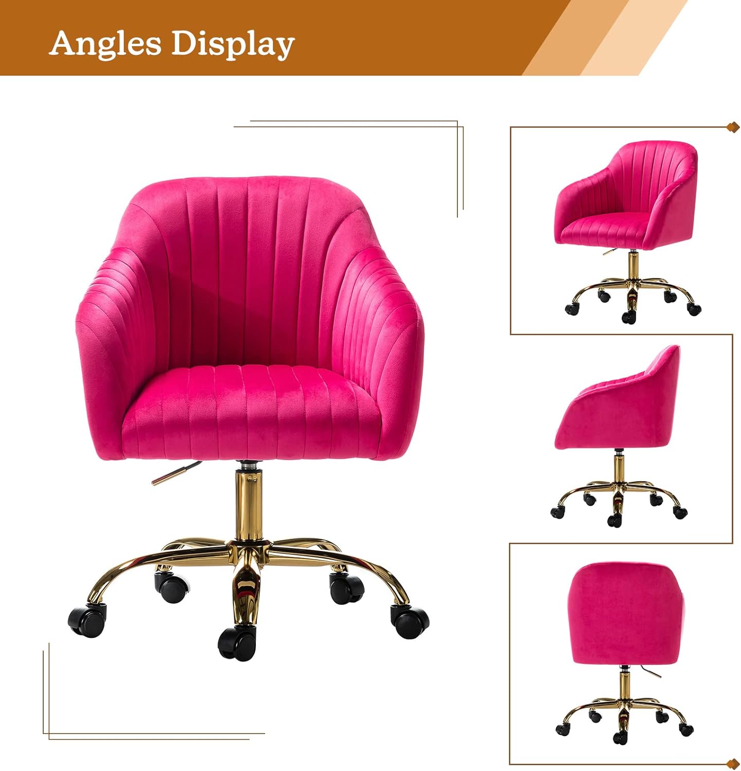 Velvet Home Office Desk Chair, Modern Cute Computer Task Chair, Wheels Swivel Height Adjustable Upholstered Vanity Chair for Women, Girls (Gold Base, Yellow)