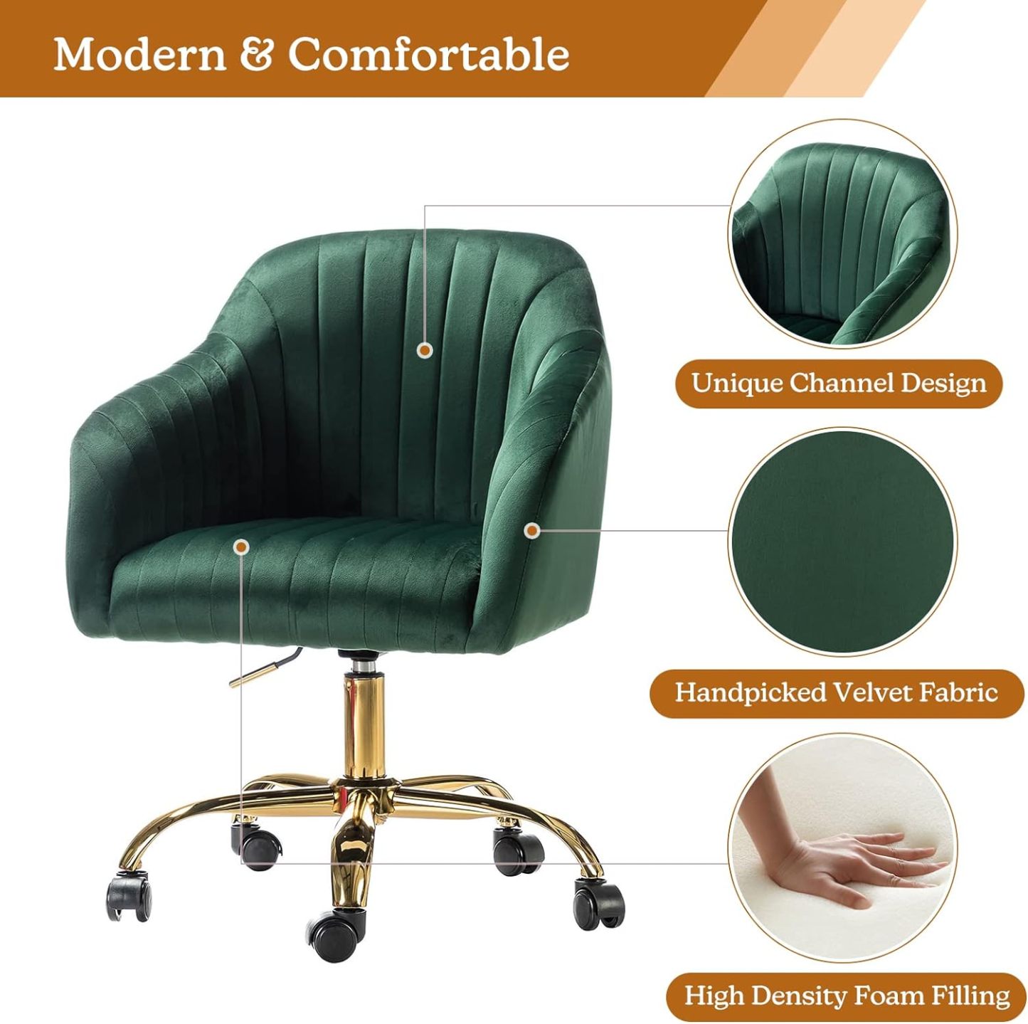 Velvet Home Office Desk Chair, Modern Cute Computer Task Chair, Wheels Swivel Height Adjustable Upholstered Vanity Chair for Women, Girls (Gold Base, Yellow)