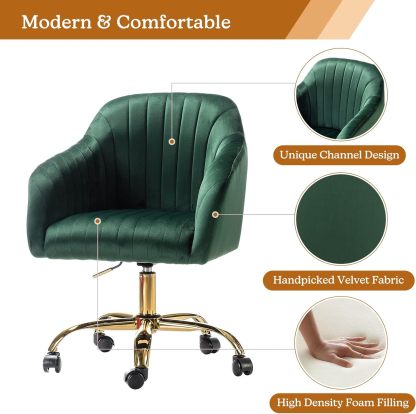 Velvet Home Office Desk Chair, Modern Cute Computer Task Chair, Wheels Swivel Height Adjustable Upholstered Vanity Chair for Women, Girls (Gold Base, Yellow)