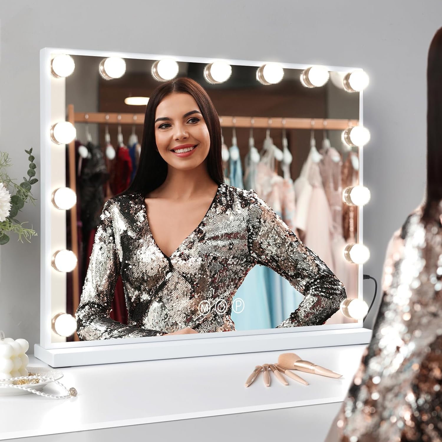 Large Hollywood Vanity Mirror with Lights Wall Mount Tabletop Metal White