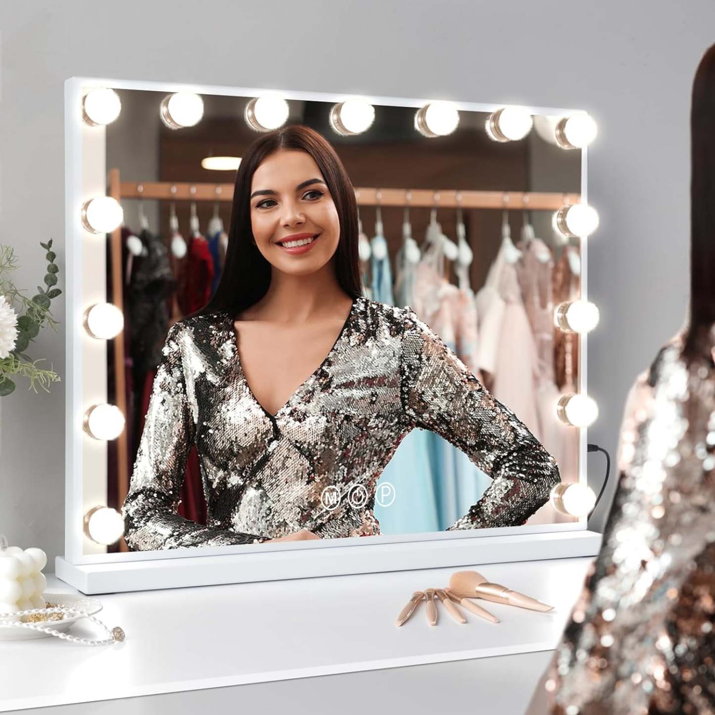 Large Hollywood Vanity Mirror with Lights Wall Mount Tabletop Metal White