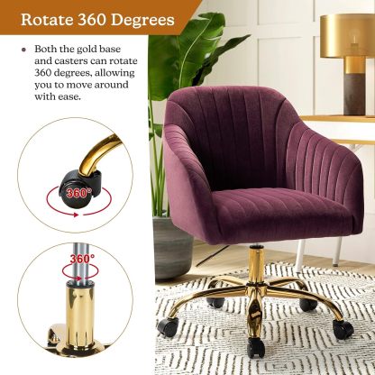 Velvet Home Office Desk Chair, Modern Cute Computer Task Chair, Wheels Swivel Height Adjustable Upholstered Vanity Chair for Women, Girls (Gold Base, Yellow)