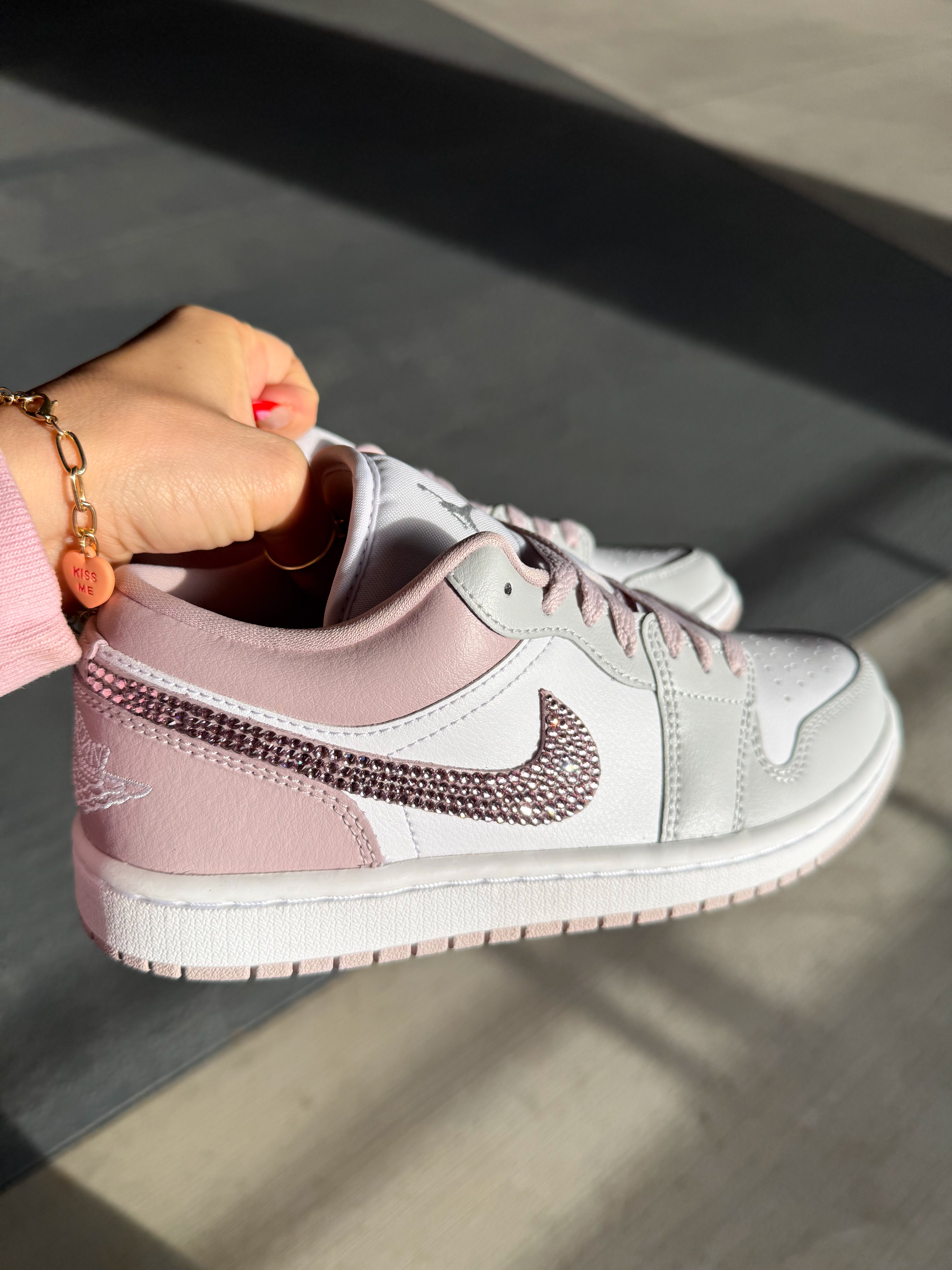 Neutral Gray Blush Swarovski Women’s Air Jordan 1 Low Shoes