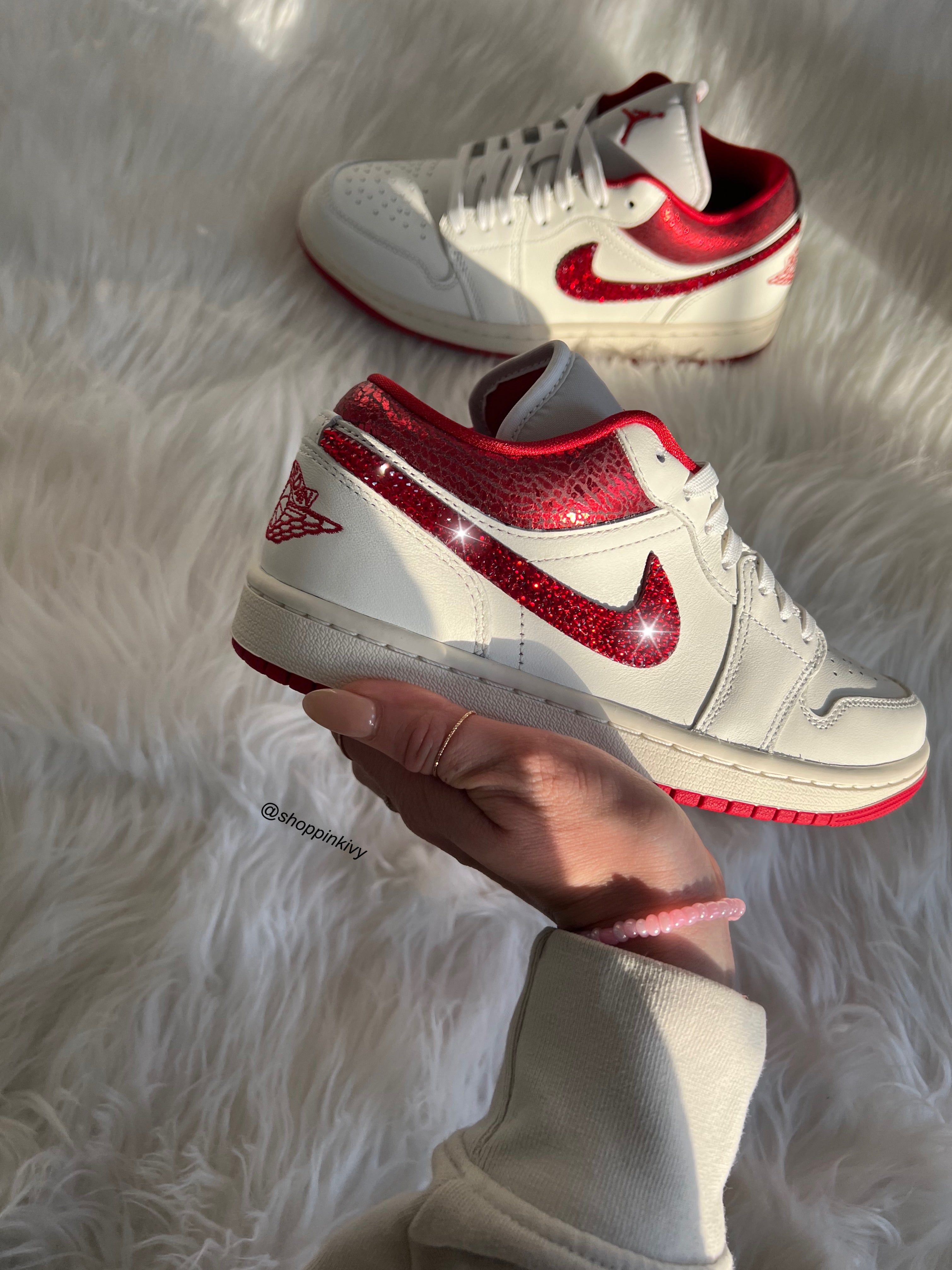 Red Shimmer Snake Print Swarovski Women’s Air Jordan 1 Low Shoes