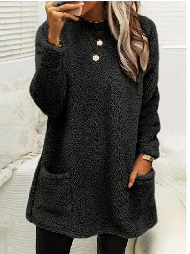 Women Plush Crew Neck Casual Thermal Pockets Midi Dress