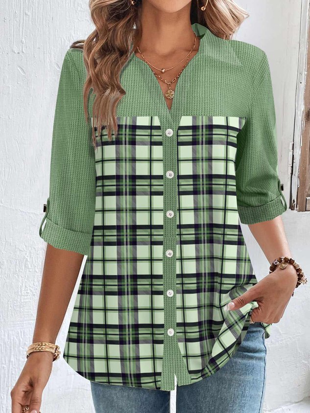 Shirt Collar Long Sleeve Plaid Regular Loose Blouse For Women