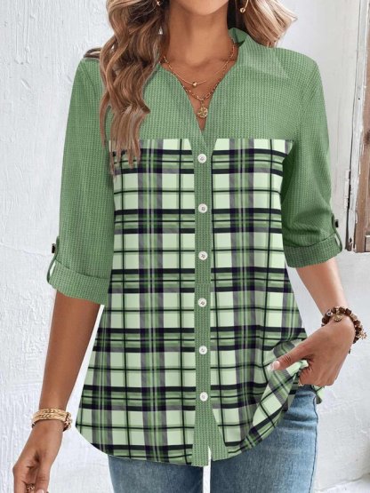 Shirt Collar Long Sleeve Plaid Regular Loose Blouse For Women