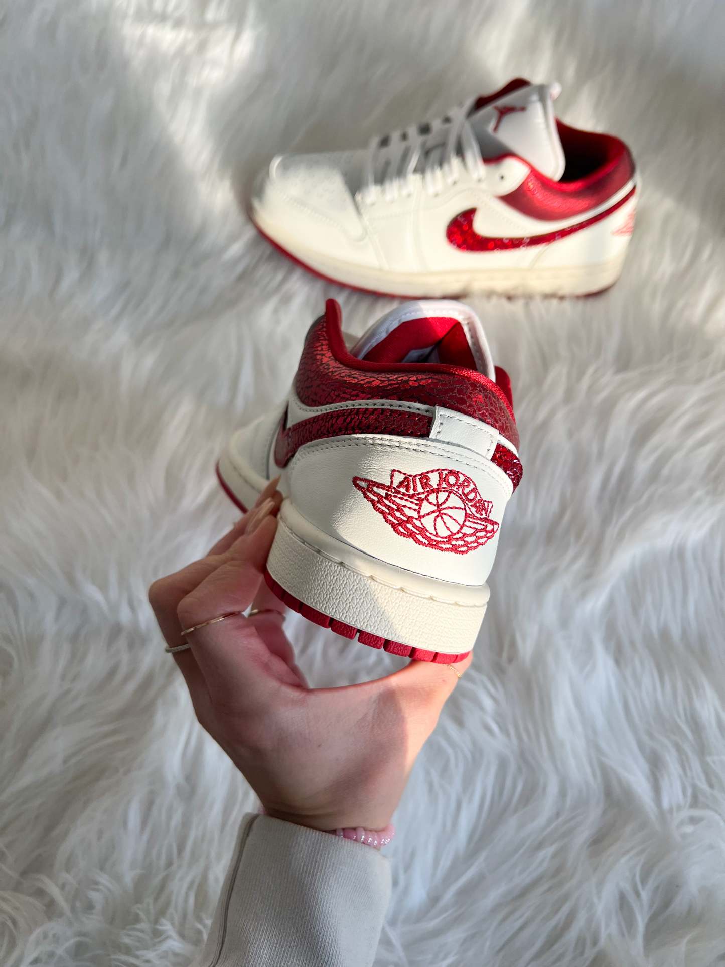 Red Shimmer Snake Print Swarovski Women’s Air Jordan 1 Low Shoes