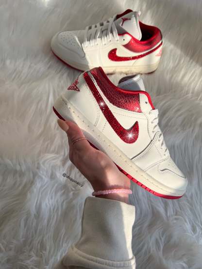 Red Shimmer Snake Print Swarovski Women’s Air Jordan 1 Low Shoes