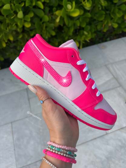 FLASH SALE Neon Hot Pink Swarovski Women’s Air Jordan 1 Low Shoes