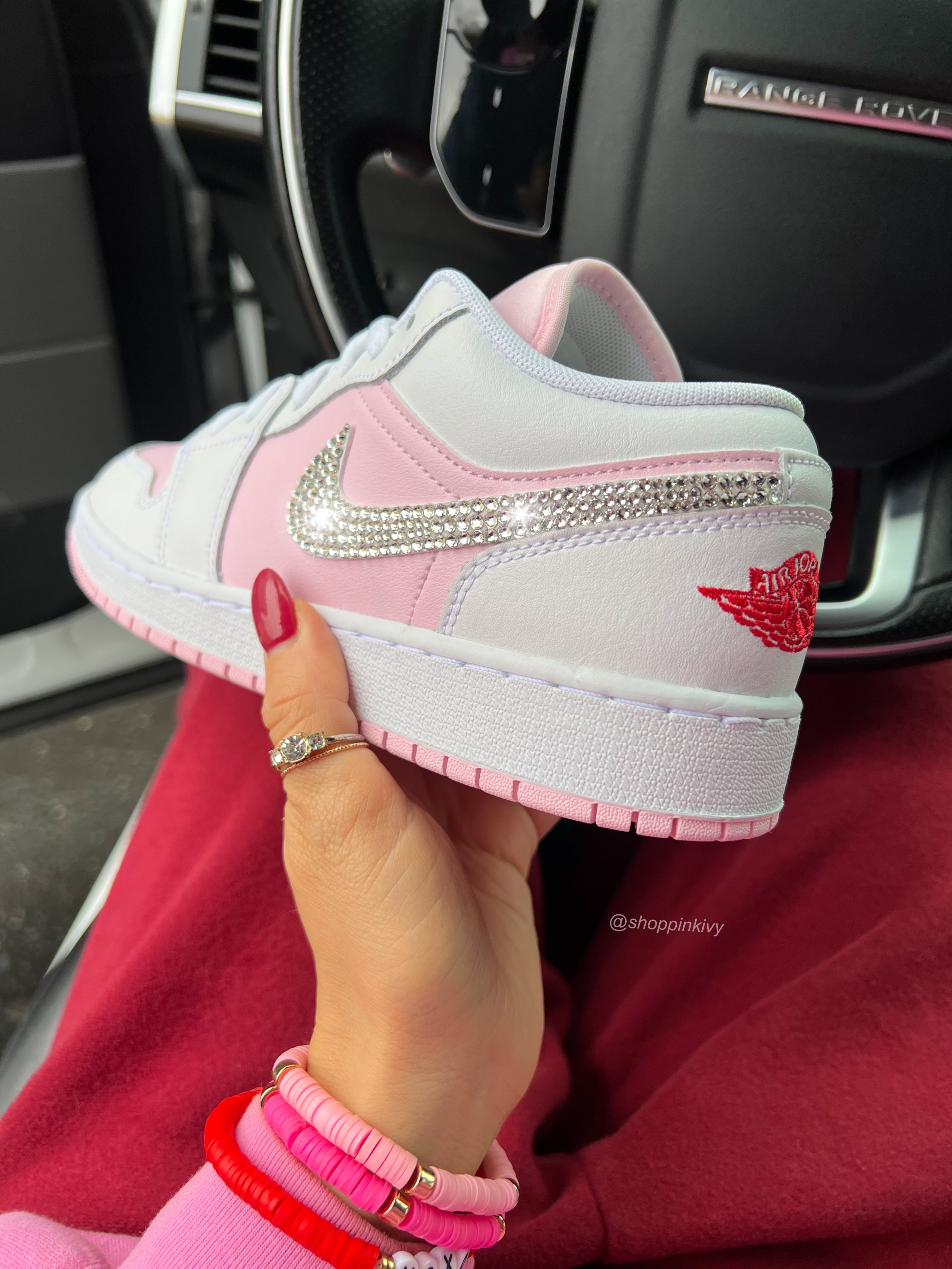 FLASH SALE Pink and White Swarovski Women’s Air Jordan 1 Low Shoes