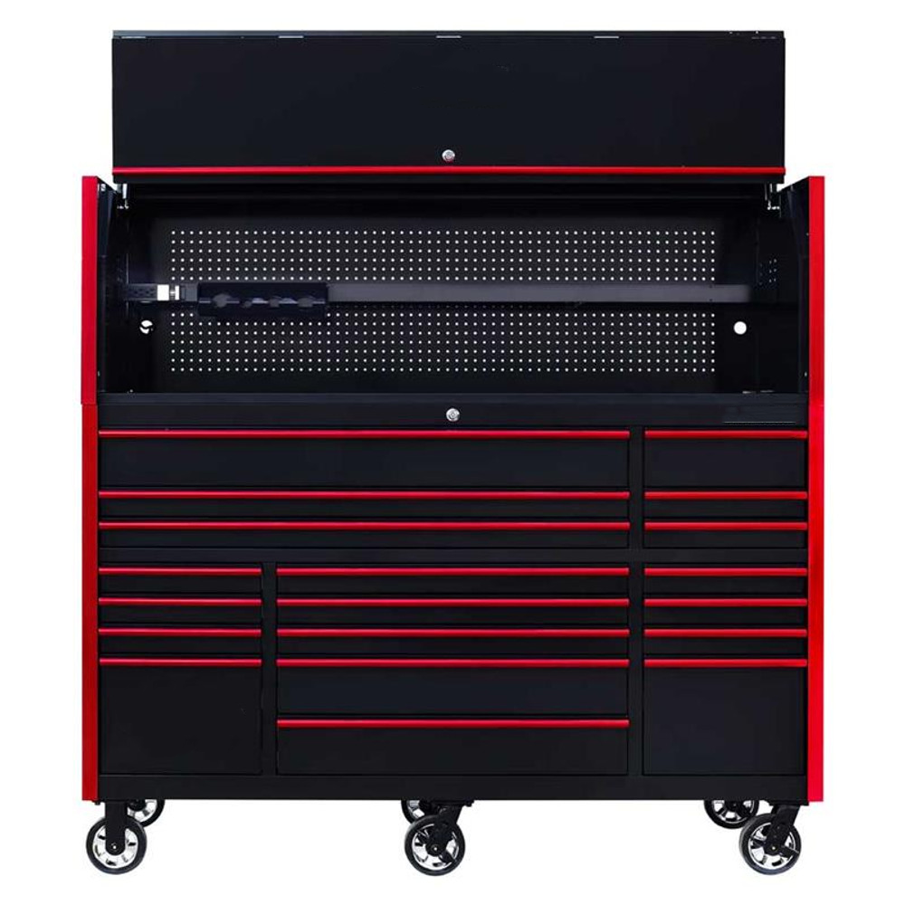 EXTREME TOOLS 72" RX SERIES 19-DRAWER 30" DEEP ROLLER CABINET W/HUTCH - BLACK W/RED DRAWER PULLS
