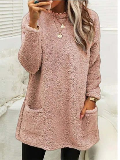 Women Plush Crew Neck Casual Thermal Pockets Midi Dress
