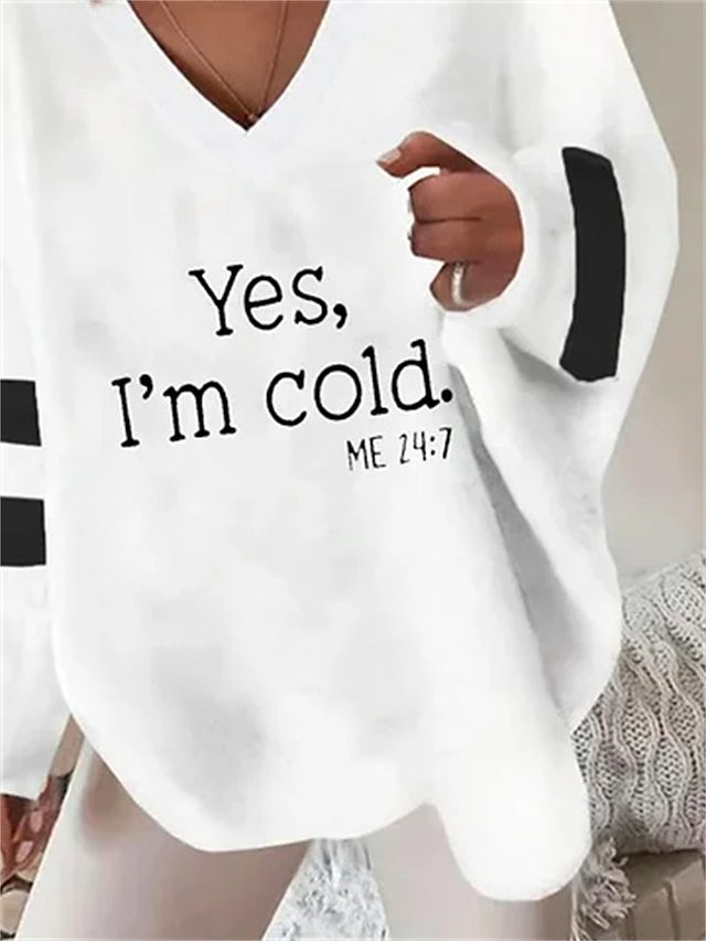 Women's T shirt Tee White Letter Print Long Sleeve Casual Basic V Neck Regular S