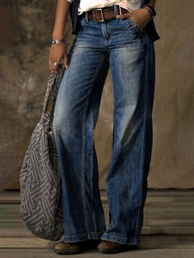 Denim Casual Loose Plain Jeans