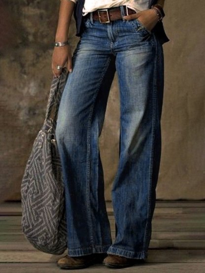 Denim Casual Loose Plain Jeans